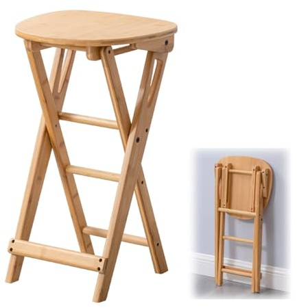 IMUNKT 60cm Bambus Klapphocker, Tragbarer Barhocker Hoch Tresenhocker, Frühstückshocker Für Erwachsene, Holz-Bistrohocker Küchenhocker Mit Fußstütze, Natürliche Farbe