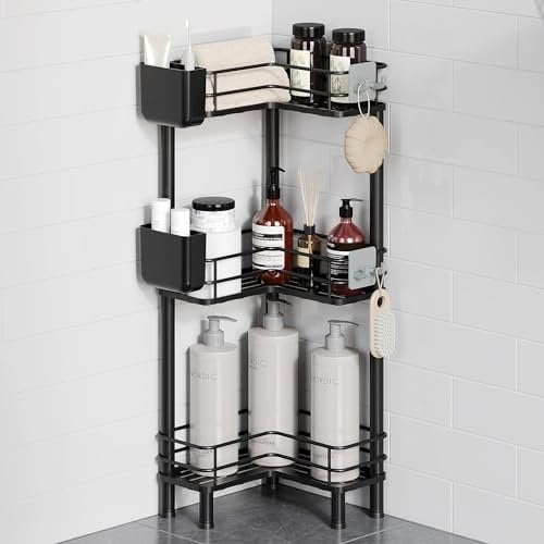 Orimade 3 Unidades de estantería de Ducha de pie, Estante de Ducha de Esquina Independiente, sin Agujeros, para Cuarto de baño, Color Negro
