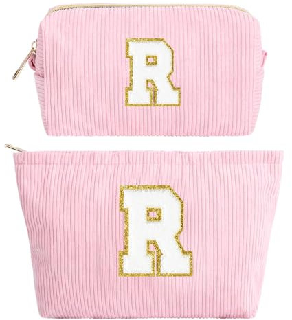 2 Stück Initialen Make-up-Tasche, Cord-Kosmetiktasche Organizer, Reise Kulturbeutel Schminktasche Damen, Weihnachten Geburtstag Geschenk für Frauen Mädchen Beste Freundinnen Brautjungfern Rosa(R)