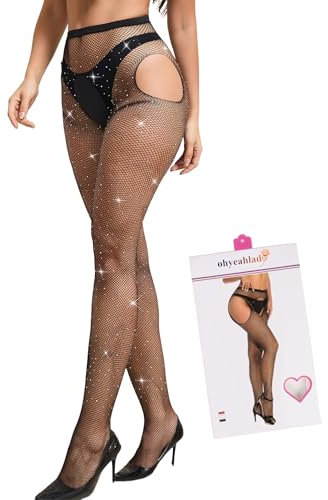 ohyeahlady Talla Grande Medias Rejilla Mujer Ajustables de Strass Brillantes Collant Resille Abierta Pantimedias Autoadhesivas Elástico de cintura alta en Caja Lencería Lingerie Curvy (Negro,3XL-5XL)