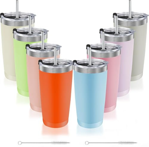 TESIN 8er Thermobecher mit Deckel, 600 ml wiederverwendbar isolierte Kaffeetassen, doppelwandige Edelstahlbecher für heiße und kalte Getränke, auslaufsicher (gemischte Farben)