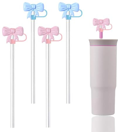 4 Pcs Pink & Blue Bow Straw Covers Cap Toppers for Stanley Cup 10mm Silicons Straw Toppers for 30&40 Oz Tumbler Dust-Proof Straw Cover Stanley Cup Accessories
