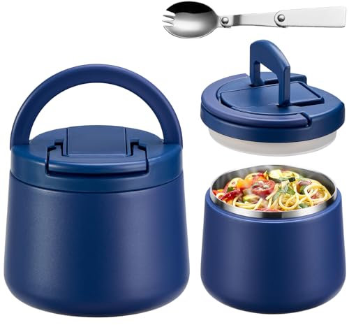 Itslife Boîte Alimentaire Isotherme, 420ml Lunch Box Isotherme Enfant, Boite Isotherme Repas Chaud avec Cuillère, Thermos Alimentaire Chaud en Acier Inoxydable pour Picnic, Ecole et Bureau, Bleu
