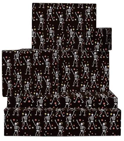 Schwarzes Geschenkpapier – 6 Bögen Geschenkpapier – Skeletttanz – lustiges Geschenkpapier für Männer und Frauen – Geburtstag, Halloween, Weihnachten – mit Aufklebern – von Central 23