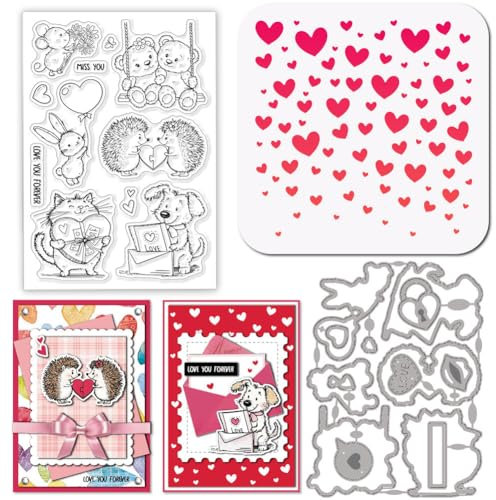 GLOBLELAND Valentinstag Tier Stempel and Cutting Dies Set for Card Making Katzen Hunde Igel Bären Stamps and Stencils Herzform Embossing Stencil for DIY Scrapbooking Crafts Album Accessories