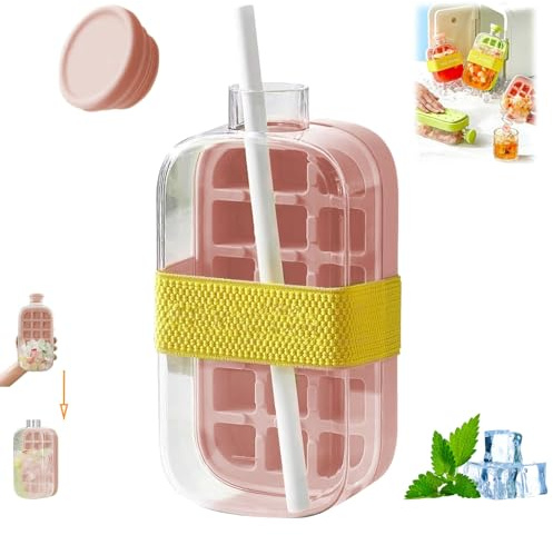 Sythrix Ice Cube Bottle with Straw,2 in 1 Ice Cube Bottle for Outdoor Office Home Ice Making Freezer Coffee Juice (Pink)