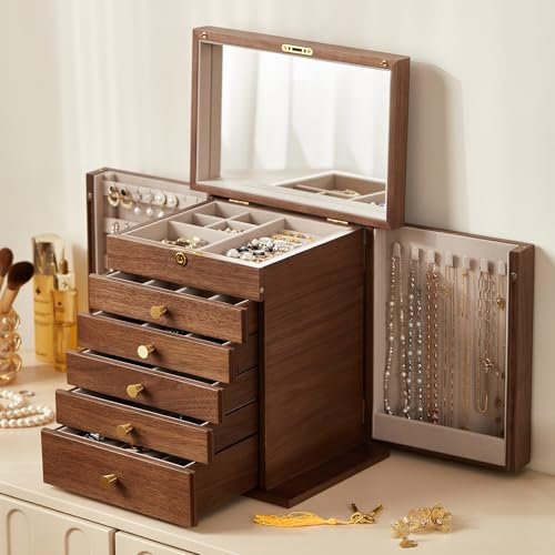 Homruilink Coffret à bijoux en noyer noir, organisateur de bijoux en bois avec 2 portes latérales, miroir et serrure, classique, pour bagues, boucles, Idée cadeau de Noël - 6 compartiments