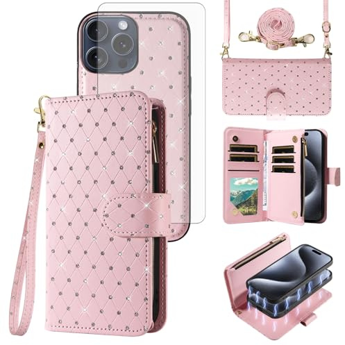 Asuwish Compatible with iPhone 15 Pro 6.1 inch Wallet Case Zipper Cell and Tempered Glass Screen Protector Crossbody Strap Glitter Flip Card Holder Phone Cover for i Phone15 i15 15Pro Women Rose Gold