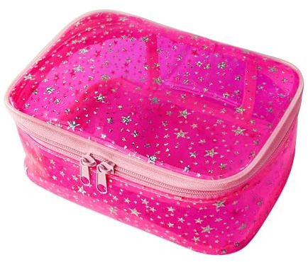 TotePrint Star Pattern PVC Cosmetic Bag Waterproof Square Bucket Shape 22 x 14 x 14 cm Travel Makeup Organiser (Pack of 1), Pink-S, Modern