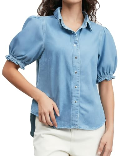 Ladyful Womens Denim Shirt Button Down Puff Short Sleeve Jean Work Blouses Chambray Babydoll Summer Tops