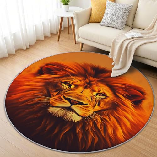 AevuCub Löwe Teppich Rund 60 cm Kurzflor - Waschbare Teppiche Wohnzimmer Tiere - Runder Teppich 60 cm Durchmesser Kinderzimmer - Bettvorleger Schlafzimmer rutschfest Weich