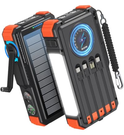 BLAVOR Solar Power Bank with Hand Crank and 4 Cables, 20000mAh Wireless Portable Charger with USB C & Camping Light, 20W Fast Charging Battery Pack for iPhone, iPad, Samsung, All Mobile Phones
