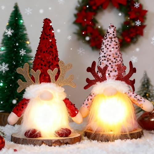 Akxlax 2 Stück Weihnachtswichtel Weihnachten mit Timer, Weihnachtsdeko Skandinavisch GNOME Wichtel Figuren Beleuchtet, Weihnachtself (Rot, Rosa, Mit Timer)