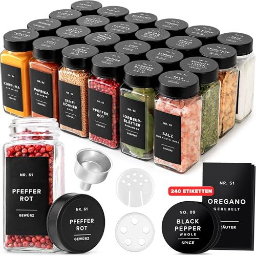 EDELHAUS Gewürzgläser Eckig Set (24 x 120ml) Gewürzstreuer mit Streueinsatz und 240 Etiketten Schwarz - Gewürzbehälter, Gewürzdosen, Gewürze (Schwarzer Edelstahl Deckel)