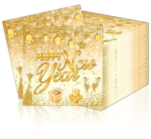PIujsym Silvester Servietten 40 Stück für Silvester Deko 2026 in Gold, Happy New Year Servietten 33x33cm Tischdeko, Ideal für Party Gäste und New Year Decoration Perfekt Neujahrsfeiern