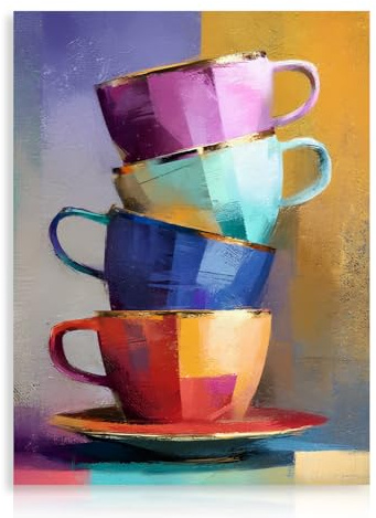 Dazzlewall Colorful Stacked Coffee Cups Art Prints,Vibrant Teacup Artwork for Cafe Modern Kitchen Dining Room Decor 12x16 in Unframed