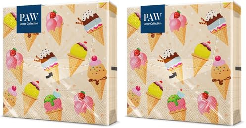 PAW - Servietten 3-lagig (33 x 33 cm) I 20 Stück I Perfekt für Partys, Geburtstage, Feiern I Kinderparty Tischdeko - Bunte Papierservietten mit Motiv - Eiscreme (Packung mit 2)