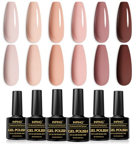 INPING UV Nagellack Nude, 6 Stück Nude Rosa Natur Gel Nagellack Set, Natürlich Hautfarben Dunkelbraun Gelnägel Soak Off UV für DIY zu Hause Nail Art Salon French Maniküre Kit, 8ML