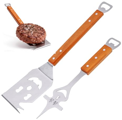 7 in 1 grillspachtel, 420 Edelstahl Grillbesteck Set für Barbecue Grill, mit 22 cm Holzgriff,Einzigartige Grillwerkzeuge, Grillen Geschenke für Männer