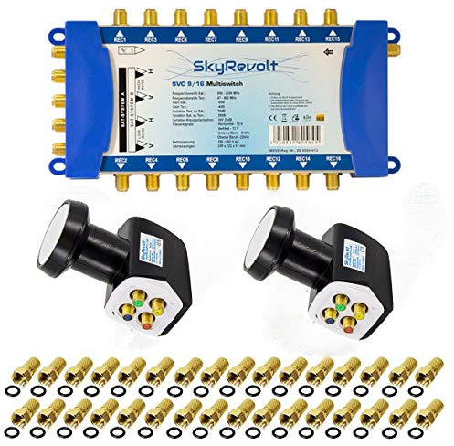 SkyRevolt Multischalter 9/16 Set 2X Quattro LNB 32x F-Stecker 2 SAT für 16 Anschlüsse Satverteiler Digital HDTV FullHD 4K UHD 8K
