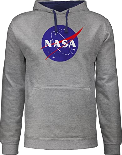 Pullover Herren Frauen Hoodie Kontrast zweifarbig - Sprüche Statement - Nasa Meatball Logo I NASA Raumfahrt - S - Grau meliert/Navy Blau - zocker space fun-kapuzenpullover geek patch pulli nerd