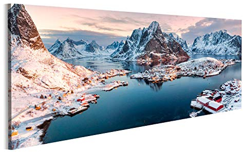 bilderfelix® Bild auf Leinwand Vogelperspektive des Fischerdorfes in umgebenem Berg auf Wintersaison bei Reine, Lofoten-Inseln, Norwegen Wandbild, Poster, Leinwandbild OJY