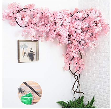 Jiande Près de Cherry Blossom Artificielle Naturelle des Arbres Rose Sakura Faux 9.1FT / 2.8m artificiels Fleurs de Cerisier Vines Fleurs Suspendus Fleurs de Soie Décoration d'intérieur