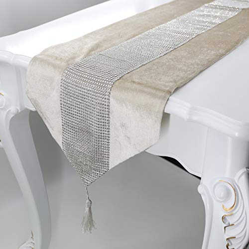 Deggodech Beige Tischläufer mit Quaste 32 x 210 cm Lang Modern Glitter Tischläufer Silber Diamant Table Runner für Küchentisch, Kaffeetisch, Kommode,Weinschrank Dekoration (210cm, Beige)