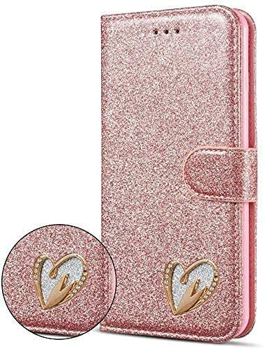 DN-TECHNOLOGY iPhone X/Xs Case, Glitter 3D Heart Diamond Bling Wallet Flip Cover for iPhone X/XS (ROSE GOLD)