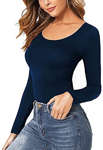 Women Ladies Long Sleeve Round Neck Plain Top Stretchy Casual T Shirts Basic Slim fit Tee Tops 8-10 - Navy