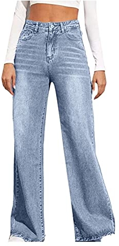 BIBOKAOKE Baggy Jeans Damen High Waist Straight Breites Bein Loose Gerade Hosen Bootcut Jeanshosen Glatte Y2K Style Vintage-Hose Teenager Mädchen Streetwear