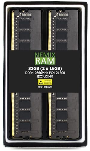 NEMIX RAM Kit de mémoire 32 Go (2 x 16 Go) DDR4 2666 MHz PC4-21300 2Rx8 1,2 V CL19 288 broches ECC sans tampon UDIMM compatible avec Synology D4EC-2666-16G NAS