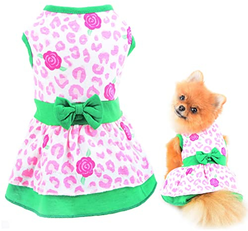 SMALLLEE_LUCKY_STORE Puppy Print Princess Dress for Small Medium Dog Cat Girls Bow Cute Cotton Shirt Skirt Summer Pet Clothes Yorkie Chihuahua Apparel