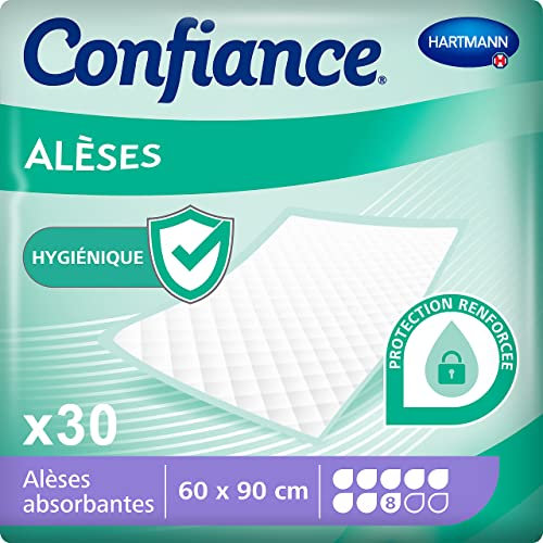 Confiance® Alèse - Alèses pour la protection de la Literie ou du Fauteuil - Niveau d'Absorption = 8 gouttes - Dimensions = 60 x 90 cm - 30 unités, Packaging May Vary
