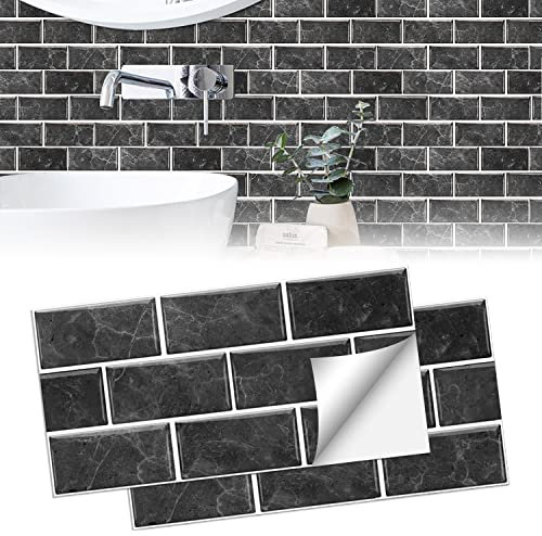 YXHZVON Piastrelle Adesive Cucina, 12 Pezzi Adesivi per Piastrelle 30 x 15 cm, Adesivi Impermeabili Autoadesivi Resistenti Allusura per Bagno Cucina Parete Fai da Te Marmorizzazione (Nero)