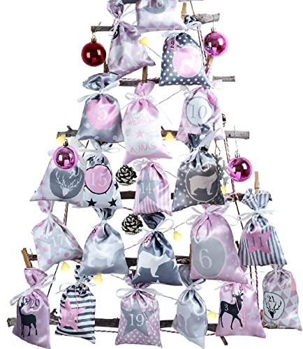 Adventskalender zum Befüllen Groß (12x21,5cm), 24 stoffsäckchen Kette zum selber Basteln und Aufhängen, 2024 Weihnachtskalender zum selbst füllen mit Rosa Grau Stoff Säckchen für Kinder Mädchen Frauen