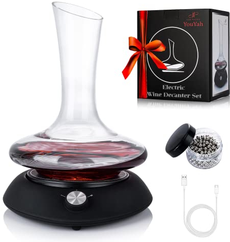 Wine Decanter Set, Red Wine Carafe with Electric Shaker, Automatic Rotation Wine Aerator Decanter. Lead-Free Crystal Glass Cleaning Beads. Idea Gift for Wine Lovers,Christmas,Birthday, ect.