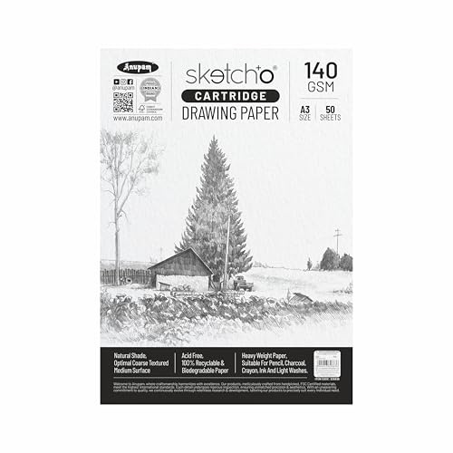 Anupam Künstler- & Zeichenpapier 140 g/m² A3 50 Stück zum Skizzieren & Zeichnen mit Bleistift, Kohle, Graphit, Rotkreide, Kreide, Ölpastell & Wachsmalkreide für Künstler & Amateure