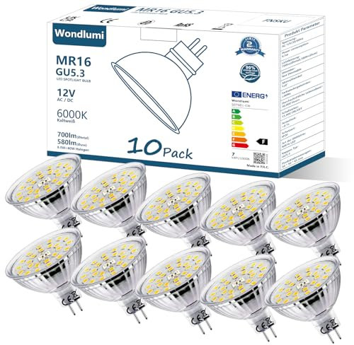 Wondlumi 10x Bombillas LED GU5.3 MR16 en Blanco Frío 6000K, 6.5W, Foco de 700 lúmenes, Equivalente a Bombillas Halógenas de 65W, Funciona con 12V AC, No Regulables