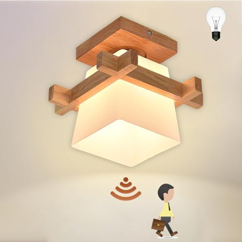KZT Wooden Ceiling Light Radar Motion Sensor Light Bulb 12W 3000K LED Modern Glass Ceiling Lamp Dusk to Dawn Sensor Bulb for Hallway Porch Stairway Warehouse Garage Cellar Basement Lighting, E27