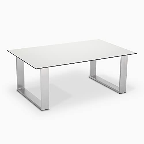 janEven LeedLine Premium Sofatisch Made in Germany – Design Wohnzimmertisch modern mit Edelstahl Kufen, Couchtisch eckig, Wohnzimmer Tisch groß, handgefertigt (Weiß, 70 x 115 cm)