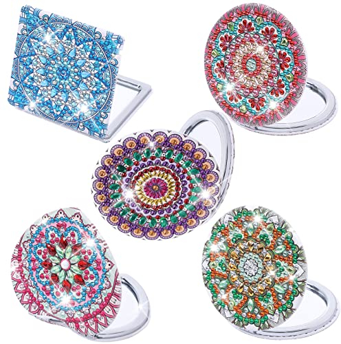 Junerain 5Pack Diamant Malerei Kompaktspiegel Mandala DIY Taschenspiegel Diamant Kunstmalerei Makeup Spiegel,Vergrößerungs Klappspiegel Handtasche Geschenk for Frauen Mädchen Kinder
