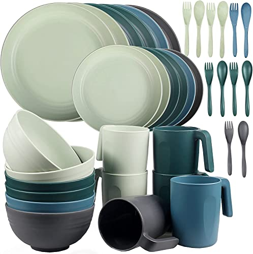 Juego de vajilla irrompible de 36 piezas para 6 personas, juego de platos y cuencos de camping, juegos de cena de picnic de plástico, platos ligeros para barbacoa, tenedores, vajilla (color mixto)