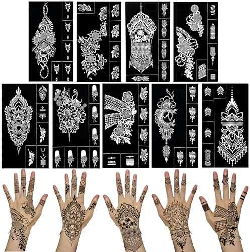 QSTOHENA 9 Blatt Indische Arabische Henna Tattoo Schablonen Kit für Hand Unterarm, Selbstklebende Temporäre Tattoo Aufkleber Glitter Airbrush DIY Tattoo Vorlagen für Frauen Mädchen