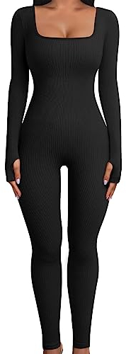 Svanco Jumpsuit Damen Eng Yoga Bodysuit Sport Gerippte Einteiler Overall Stretch Langarm Romper Sexy Nahtloser One Piece Bodycon Quadratischem Neck Fitness Outfit Set