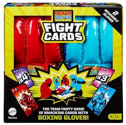 Mattel Games Rock 'EM Sock'EM Robots Fight Cards Kartenspiel, Party-Teamspiel für Kinder und Erwachsene mit Zwei Boxhandschuhen, HTW64