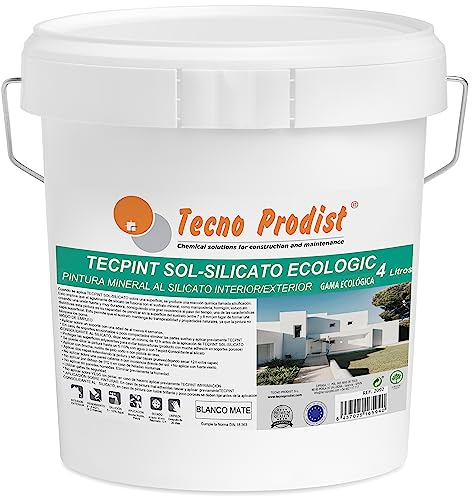 Tecno Prodist TECPINT SOL-SILICATO ECOLOGIC (4 Litros) Pintura al silicato mineral exterior e interior al agua, Paredes y Techos, Transpirable - Sin olor (BLANCO MATE)