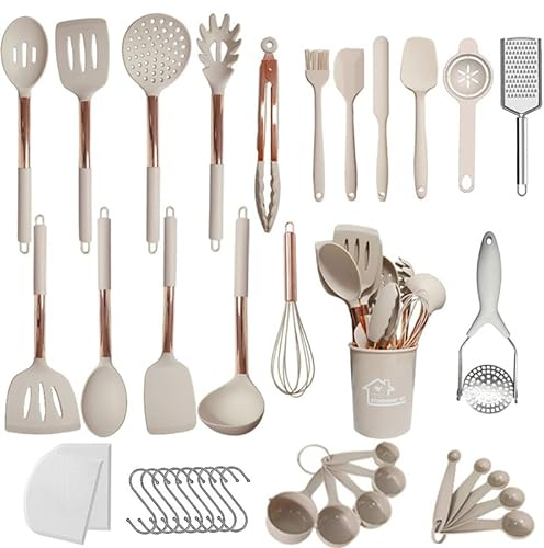 UXIYI Kitchen Utensils Set, Silicone Cooking Utensil Set, Non Stick Spatula Set with Rose Gold Stainless Steel Handle, Heat Resistant Kitchen Tools, 40PCS, Khaki