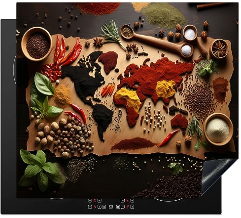 KitchenYeah© Herdabdeckplatte Induktion Schutzmatte Küche Herdabdeckung Ceranfeld Induktionsmatte Cerankochfeld Abdeckung Kräuter - Gewürze - Weltkarte - Braun - Löffel - Küche - 59x52 cm