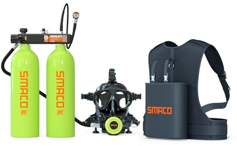 SMACO Mini Bouteille de Plongée Rechargeable 2L Double Bouteille de Plongee avec 30-45 Minutes 2 x 2L Petite Bouteille d'oxygène Plongee pour Plongée Récréative, Exploration sous-Marine S700 Max